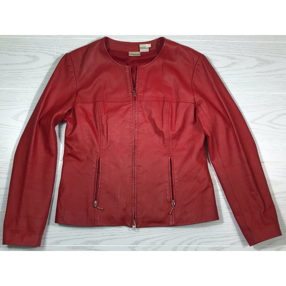 Vintage 90s Leather Moto Jacket Women 12 Newport News Red Zip Pockets Full Zip